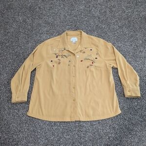 Owl Acorn Leaf Embroidered Button Down Shirt Size 2X Orange Gold